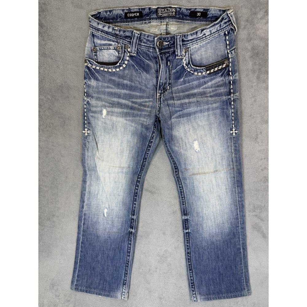 Affliction Jeans Mens 30x29 Blue Cooper Black Premium Relaxed Straight Distress